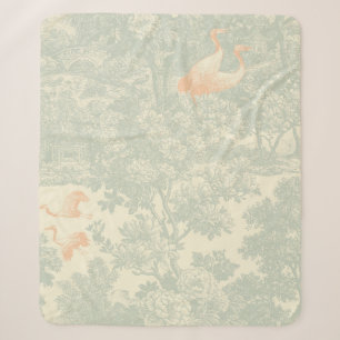 Chinoiserie Crane Toile Botanical Asian Garden Sherpa Blanket