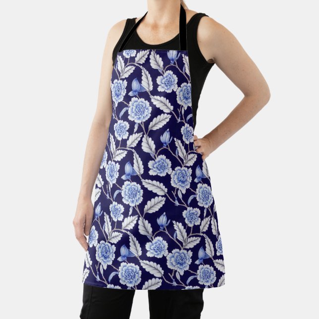 Chinoiserie Delft Blue Floral Porcelain Kitchen Apron (Insitu)