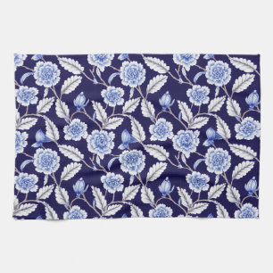 Chinoiserie Delft Blue Floral Porcelain Pattern Tea Towel