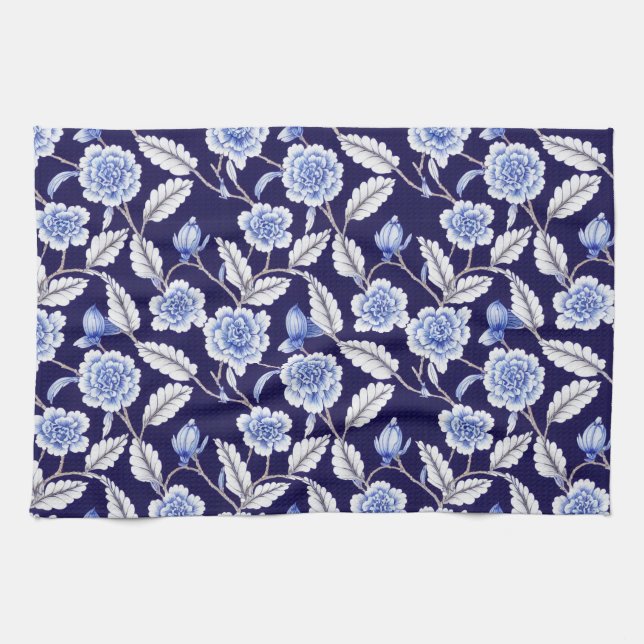 Chinoiserie Delft Blue Floral Porcelain Pattern Tea Towel (Horizontal)