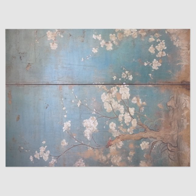 Chinoiserie Distressed Teal Blue Background Tissue Paper (Front)