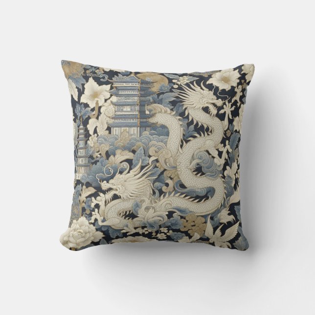 Chinoiserie Dragon an Pagoda Cushion (Front)