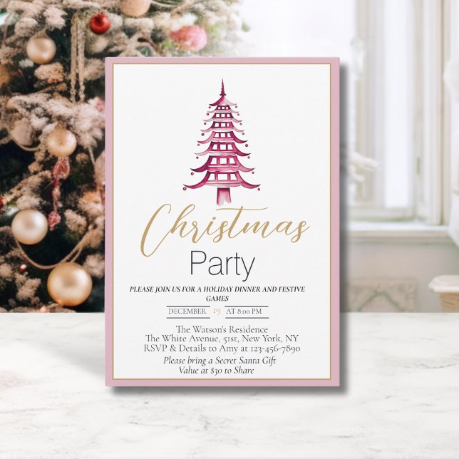 Chinoiserie Dusty Pink and Red Pagoda Christmas  Invitation (Chinoiserie Pagoda Christmas tree- Christmas party invitation)