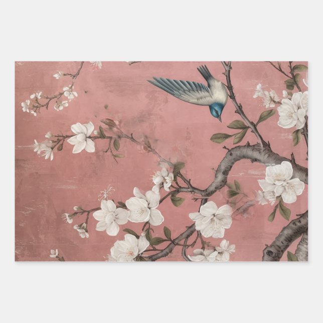 Chinoiserie Dusty Pink Cherry Blossom Background Wrapping Paper Sheet (Front)