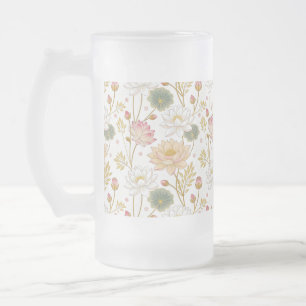 Chinoiserie Elegant Lotus Flowers Gold Pink Frosted Glass Beer Mug