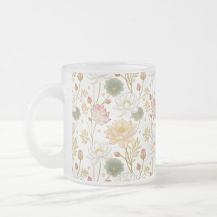 Chinoiserie Elegant Lotus Flowers Gold Pink Frosted Glass Coffee Mug