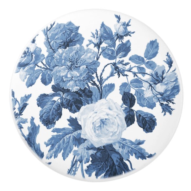 Chinoiserie English Rose Floral Delft Blue White  Ceramic Knob (Front)