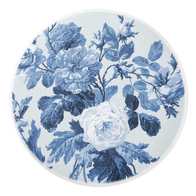 Chinoiserie English Rose Floral French Blue White  Ceramic Knob (Front)