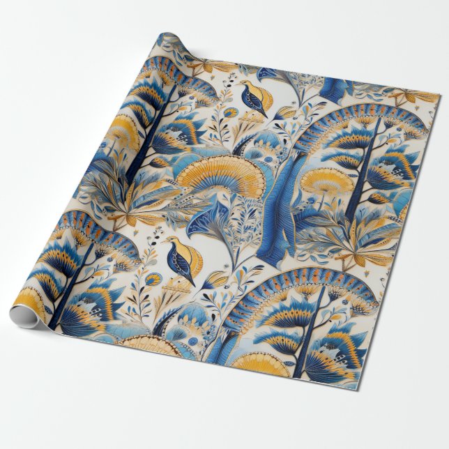 Chinoiserie Exotic Birds Botanical Pattern (11) Wrapping Paper (Unrolled)