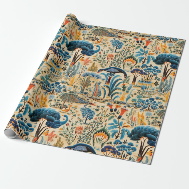 Chinoiserie Exotic Birds Botanical Pattern (6) Wrapping Paper (Unrolled)