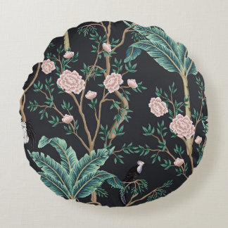 Chinoiserie Exotic Birds: Vintage Banana Tree Wall Round Cushion