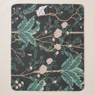 Chinoiserie Exotic Birds: Vintage Banana Tree Wall Sherpa Blanket