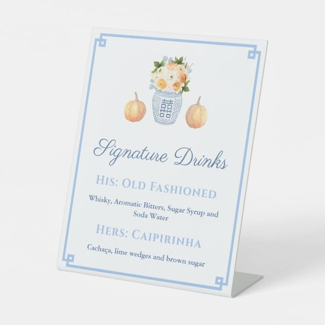 Chinoiserie Fall Flowers Pumpkins Signature Drinks Pedestal Sign (Front)