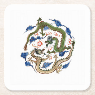 Chinoiserie Famille Verte Dragons Flaming Pearl Square Paper Coaster