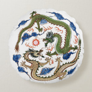 Chinoiserie Famille Verte Dragons Round Cushion