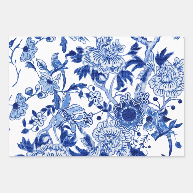 Chinoiserie Floral Bird Blue and White Decoupage Wrapping Paper Sheet (Front)