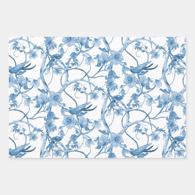 Chinoiserie Floral Bird Dusty Blue White Decoupage Wrapping Paper Sheet (Front)
