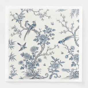 Chinoiserie Floral Bird Dusty Blue & White Napkin