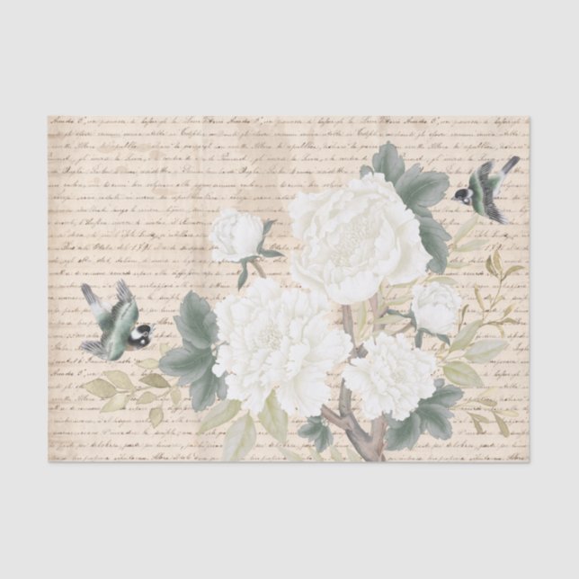 Chinoiserie Floral Birds Old Handwriting Decoupage Tissue Paper (Front)