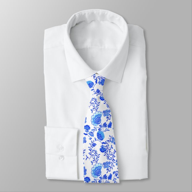 Chinoiserie Floral Blue and White Tie (Tied)