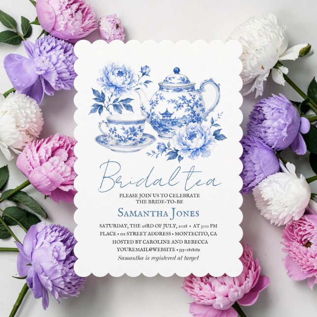 Chinoiserie Floral Blue Tea Pot Bridal Shower  Invitation (Creator Uploaded)