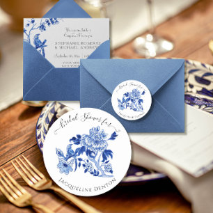 Chinoiserie Floral Blue White Bird Bridal Shower Classic Round Sticker