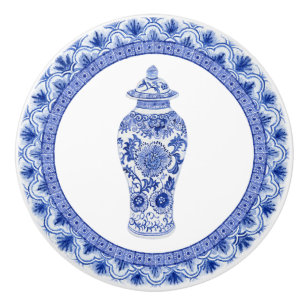 Chinoiserie Floral Blue White Ginger Jar Vintage Ceramic Knob