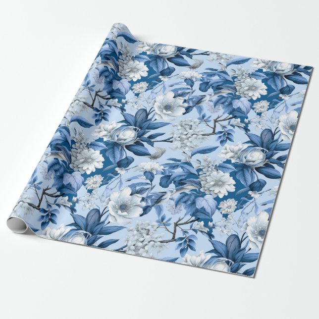 Chinoiserie Floral Blue White Painting Wrapping Paper (Unrolled)