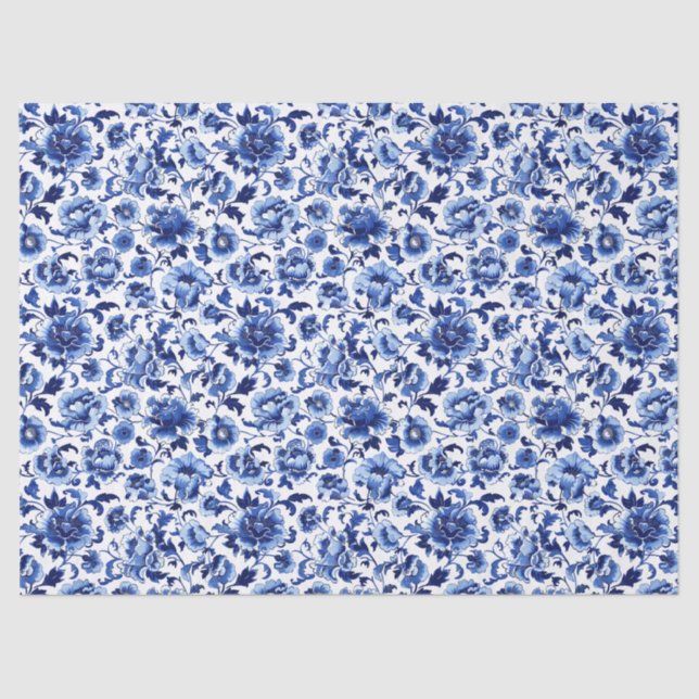 Chinoiserie Floral Blue White Pattern Decoupage Tissue Paper (Front)