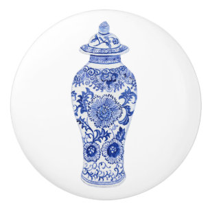 Chinoiserie Floral Blue White Vintage Ginger Jar  Ceramic Knob