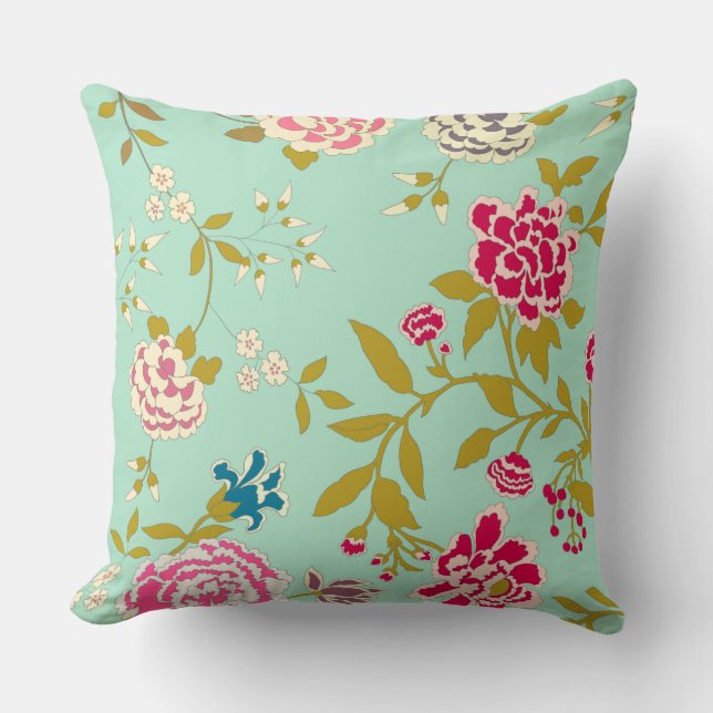 Chinoiserie Floral Design Jade Green Cushion (Front)