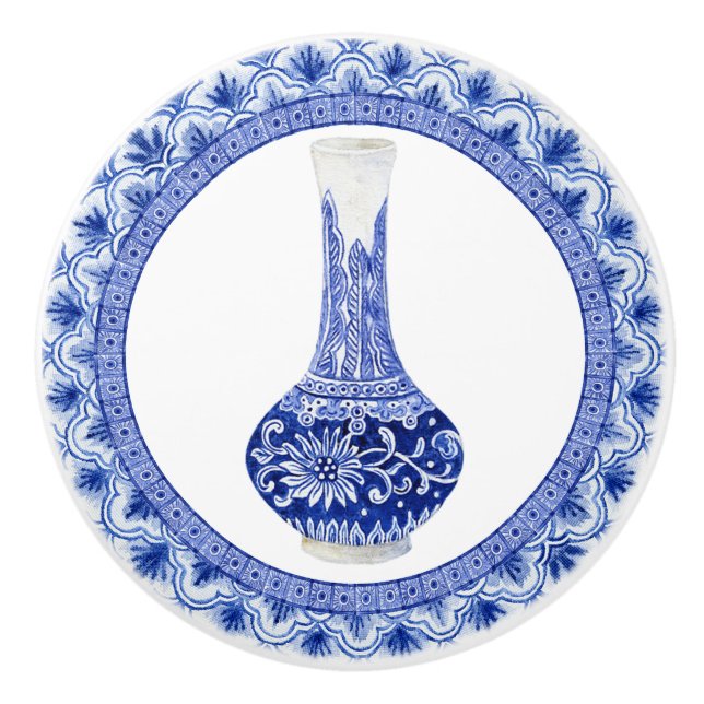 Chinoiserie Floral Dragonfly Blue White Ginger Jar Ceramic Knob (Front)