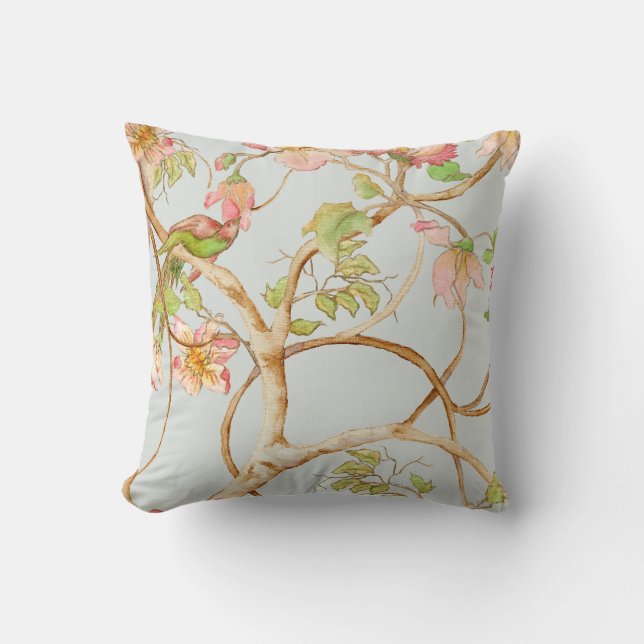 Chinoiserie Floral Dusty Blue Pink Peony Bird Tree Cushion (Front)