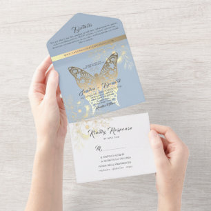 Chinoiserie Floral Dusty Blue Wedding All In One Invitation