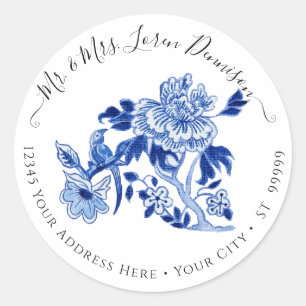 Chinoiserie Floral Foliage Blue White Bird Wedding Classic Round Sticker