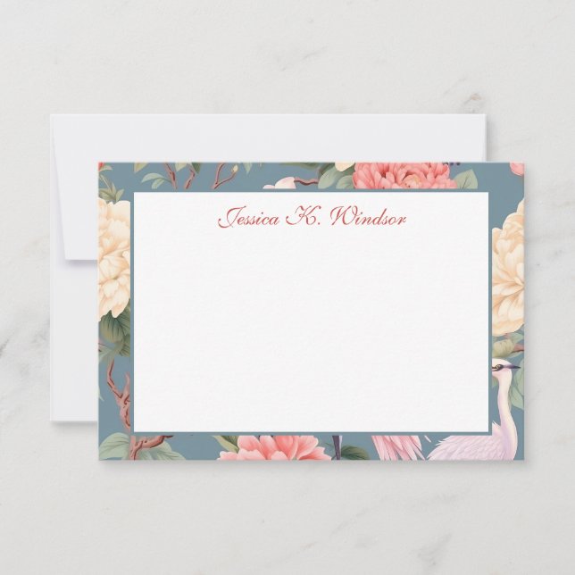 Chinoiserie Floral Jade Egret Personalised Thank You Card (Front)