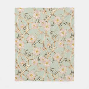 Chinoiserie Floral Modern Pink n Sage Watercolor Fleece Blanket