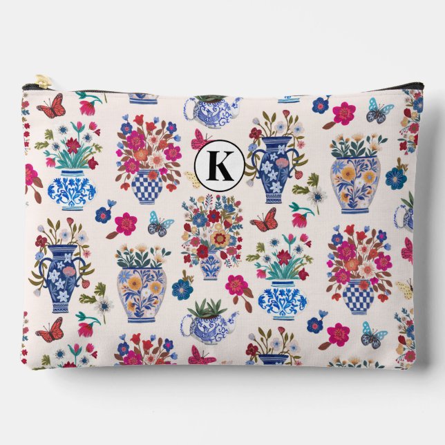 Chinoiserie Floral Monogram Cosmetic Makeup Bag (Front)