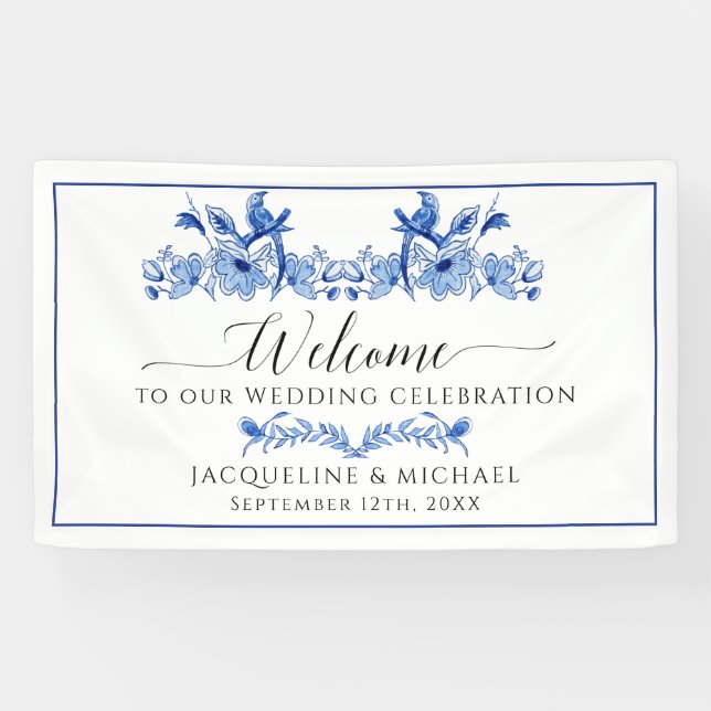 Chinoiserie Floral Navy Blue White Bird Wedding Banner (Horizontal)