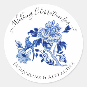 Chinoiserie Floral Navy Blue White Bird Wedding Classic Round Sticker
