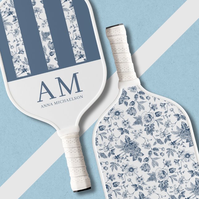 Chinoiserie Floral Pattern Azulejo Blue Monogram Pickleball Paddle (Blue Stripes Monogrammed Personalized Chinoiserie Pickleball Paddle, Old Money Aesthetic Floral)