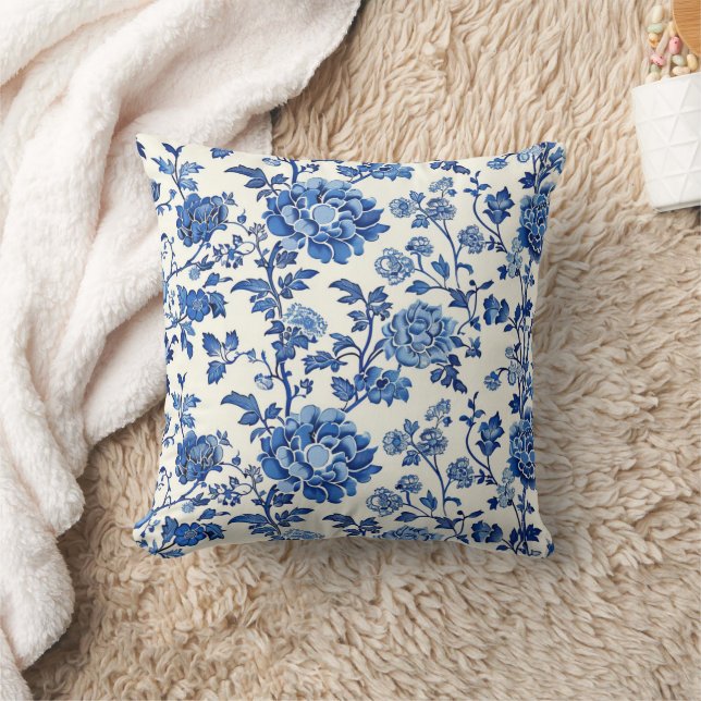 Chinoiserie Floral Pattern Serene Blue Flowers Cushion (Blanket)