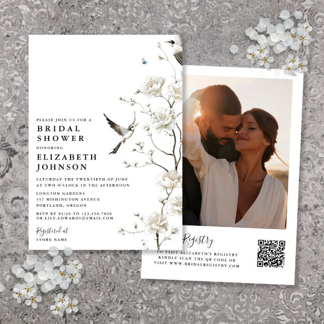 Chinoiserie Floral Photo QR Code Bridal Shower Invitation (Chinoiserie Floral Photo QR Code Bridal Shower Invitation)