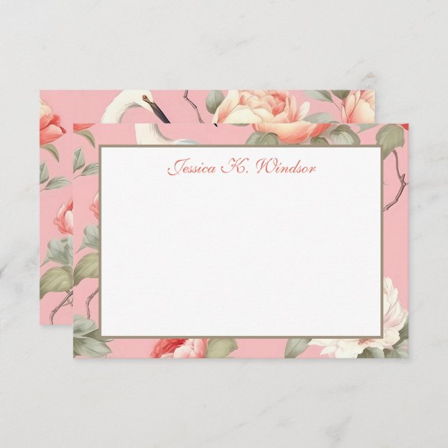 Chinoiserie Floral Pink Egret Personalised Thank You Card (Front/Back)