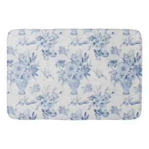 Chinoiserie Floral Vase Peony Blue White Bath Mat