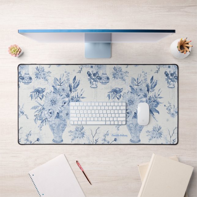 Chinoiserie Floral Vase Peony Blue White Office Desk Mat (Office 1)