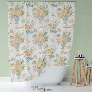 Chinoiserie Floral Vase Peony Blush Pink Bath Shower Curtain