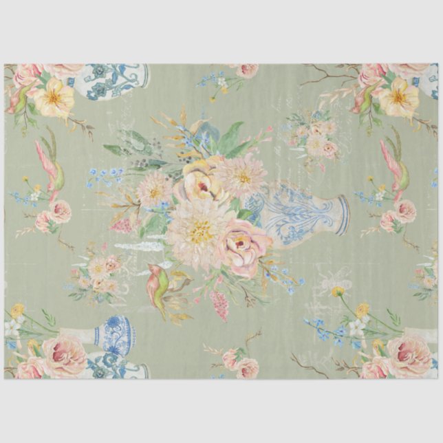 Chinoiserie Floral Vases Peony Flower Decoupage Tissue Paper (Front)