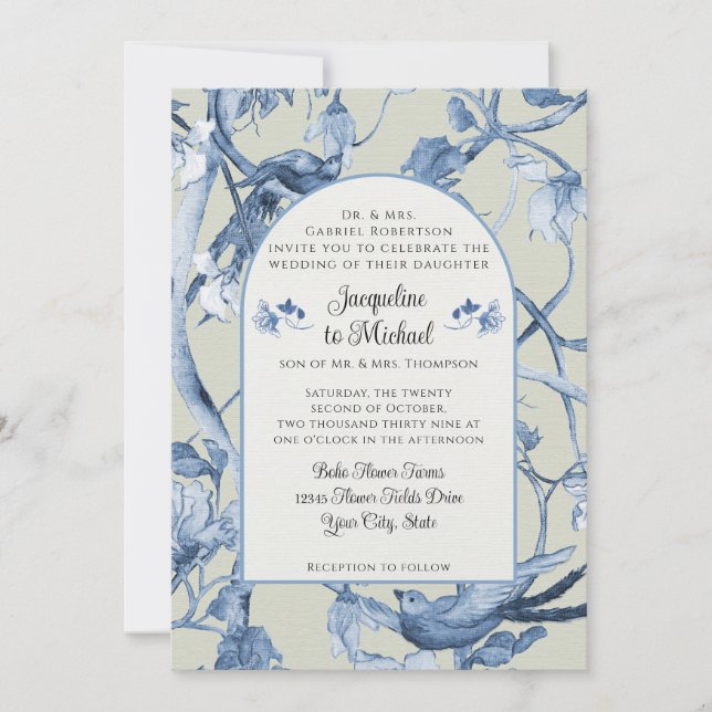 Chinoiserie Floral White Blue n Sage Birds Wedding Invitation (Front)