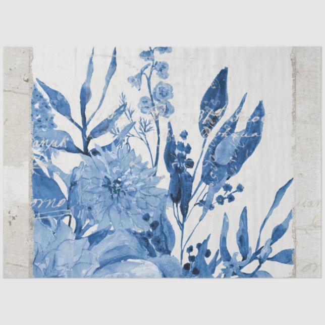 Chinoiserie Flower Foliage Blue White Decoupage Tissue Paper (Front)
